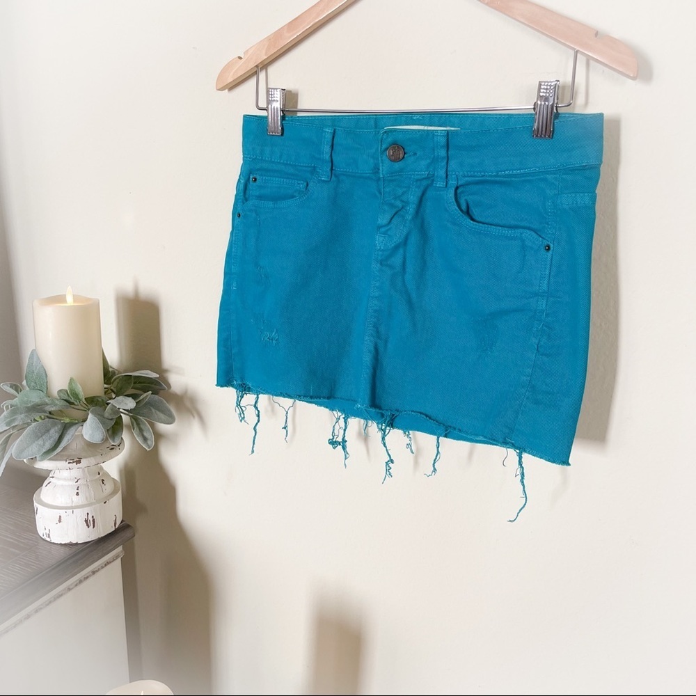 Zara TRF Distressed Teal Blue Short Denim …